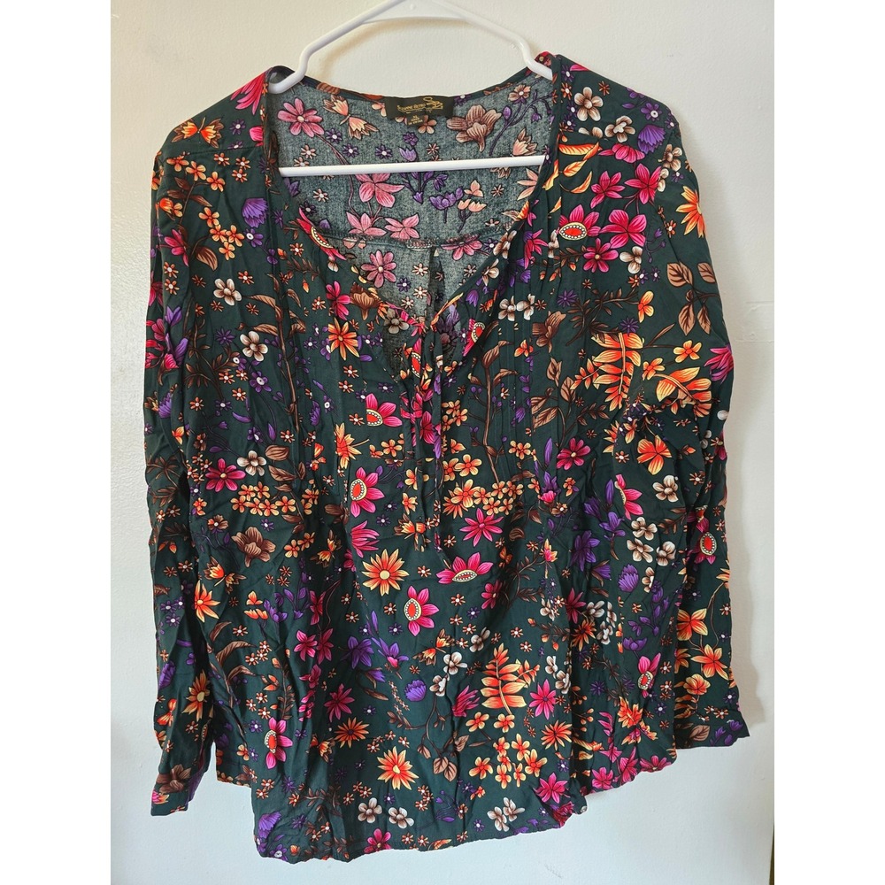 Suzanne Betro Floral Blouse Forest Green Pink Orange Tie Neck Top XL - Picture 2 of 6